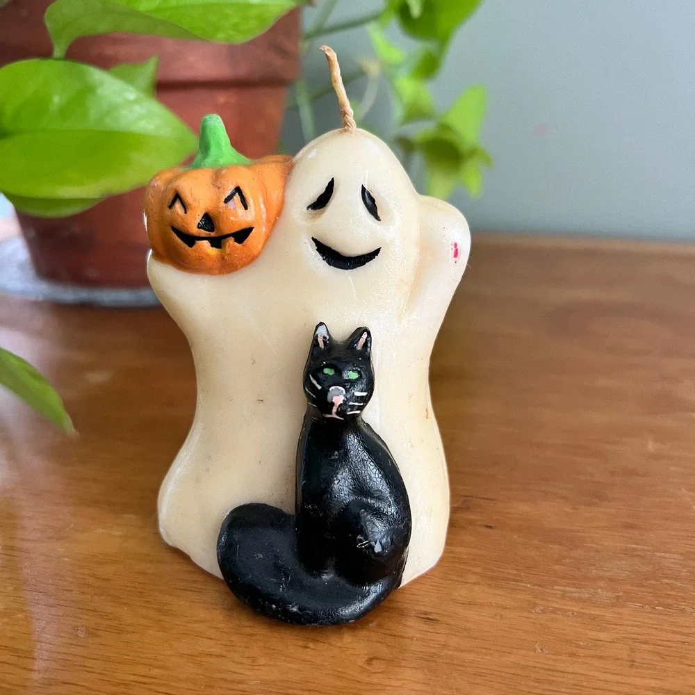 Vintage Halloween Ghost Black Cat Pumpkin Candle 4 Inch Retro Decor